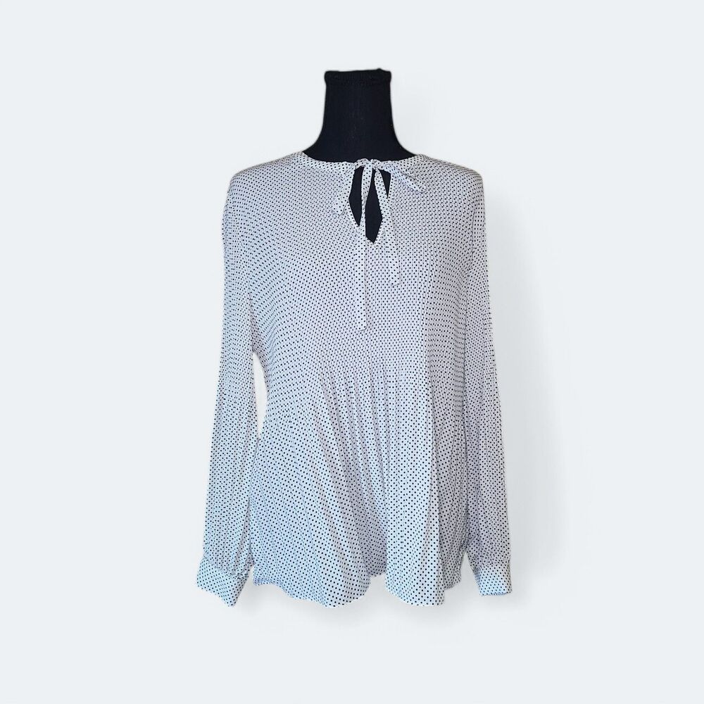 Women's Adrianna Papell Blouse Top White & Black Polka Dot Tie Neck Size Medium